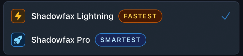 Shadowfax report creation page showing model selection between Shadowfax Pro and Shadowfax Lightning.